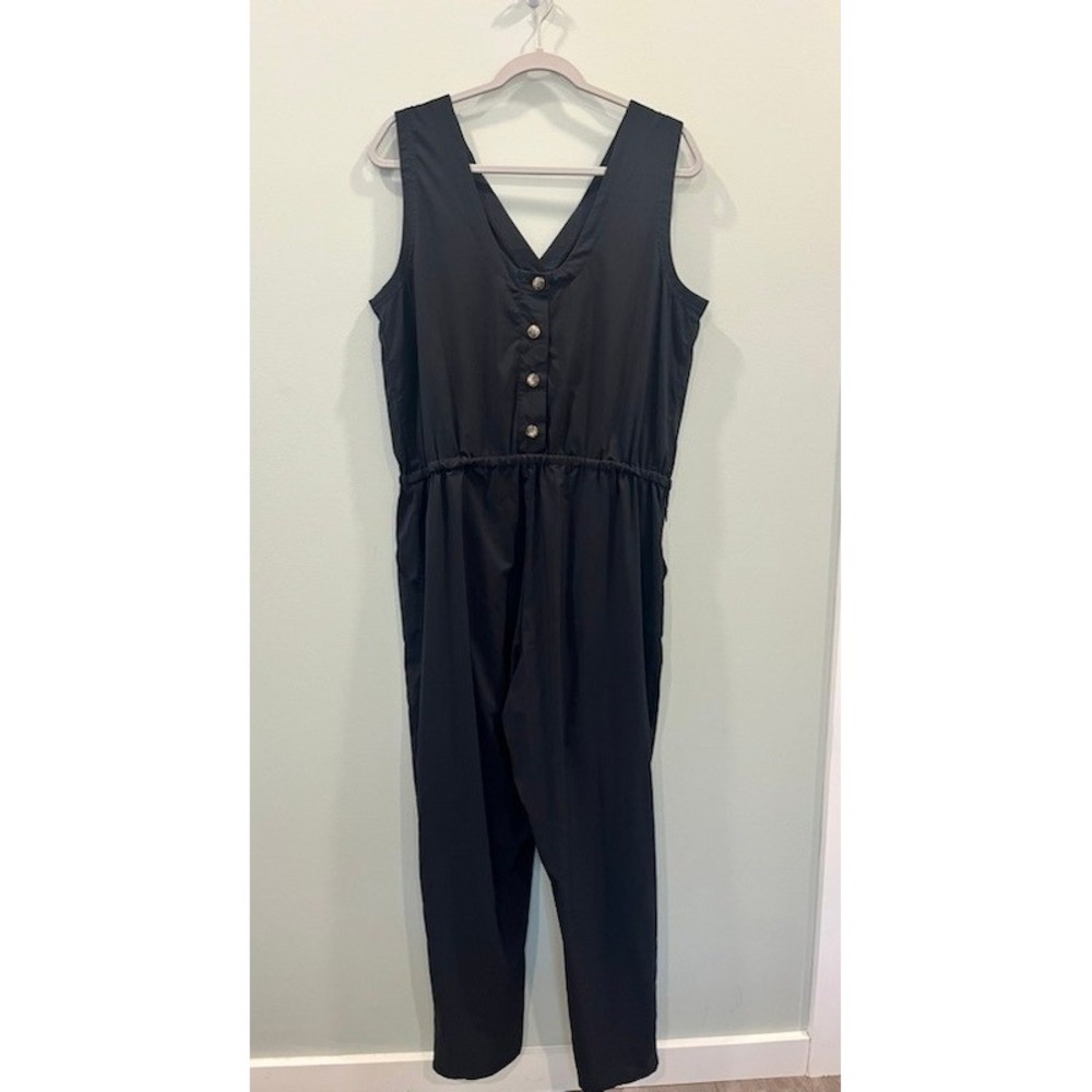 Toad&Co Sunkissed Liv Sleeveless Jumpsuit Black V Neck Button Back Size Large - Picture 3 of 8